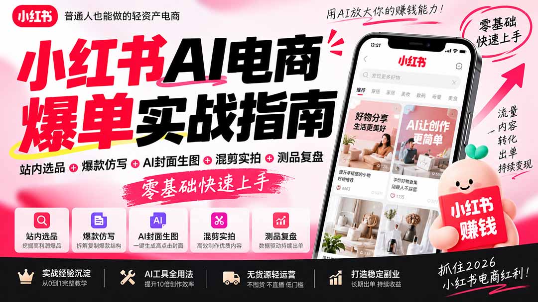 2026小红书AI电商爆单实战指南：站内选品+爆款仿写+AI封面生图+混剪实拍+测品复盘，零基础快速上手-梦清研习社