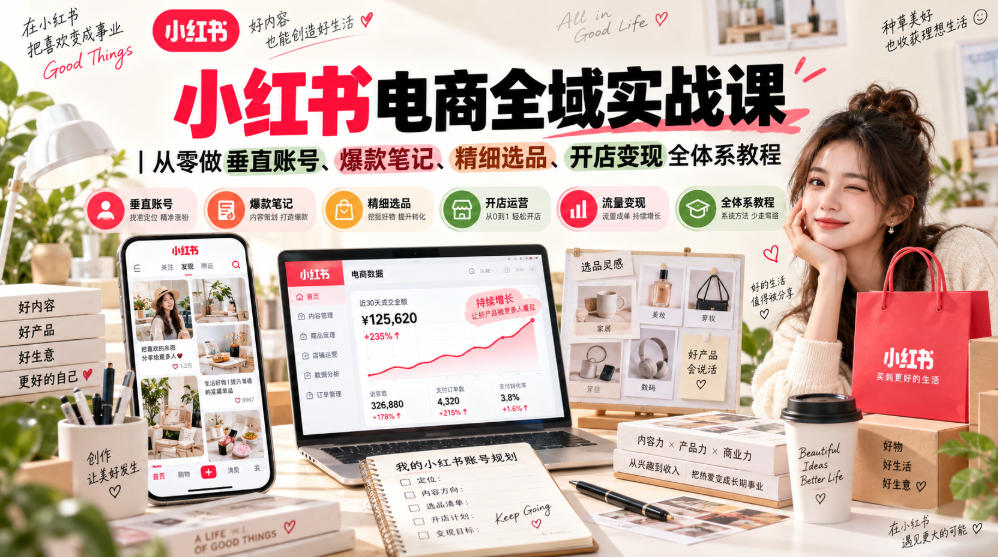 小红书电商全域实战课｜从零做垂直账号、爆款笔记、精细选品、开店变现全体系教程-梦清研习社