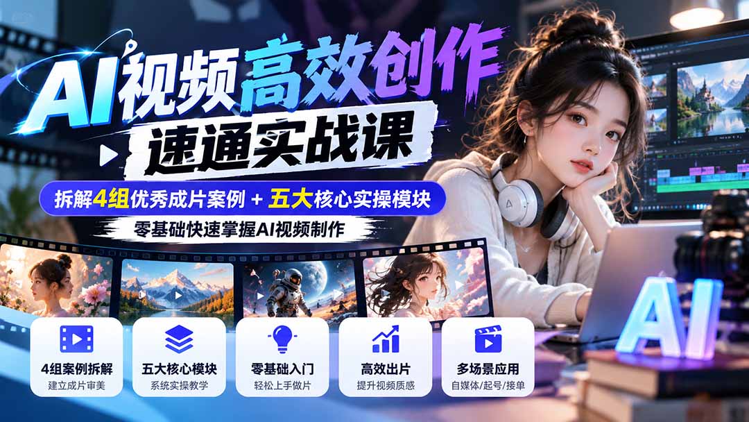 【无水印】AI视频高效创作速通实战课：拆解4组优秀成片案例+五大核心实操模块，零基础快速掌握AI视频制作-梦清研习社