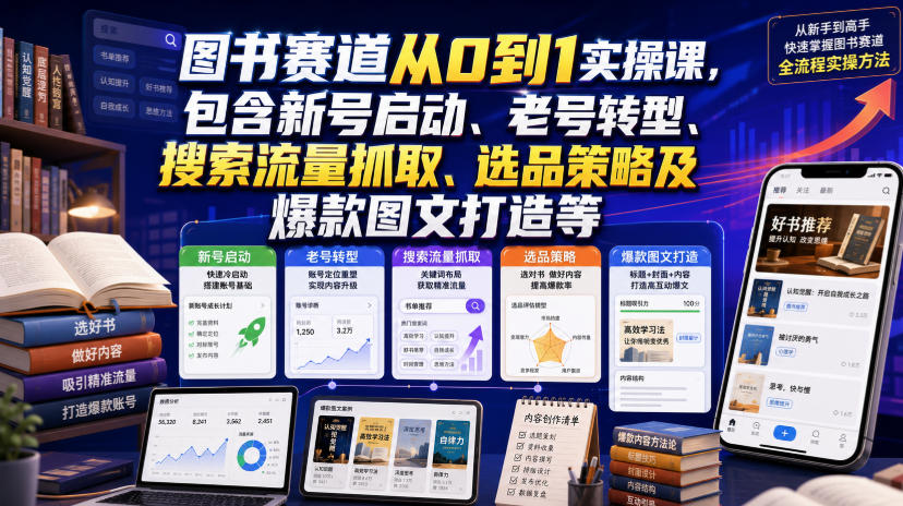 图书赛道从0到1实操课，包含新号启动、老号转型、搜索流量抓取、选品策略及爆款图文打造等-梦清研习社