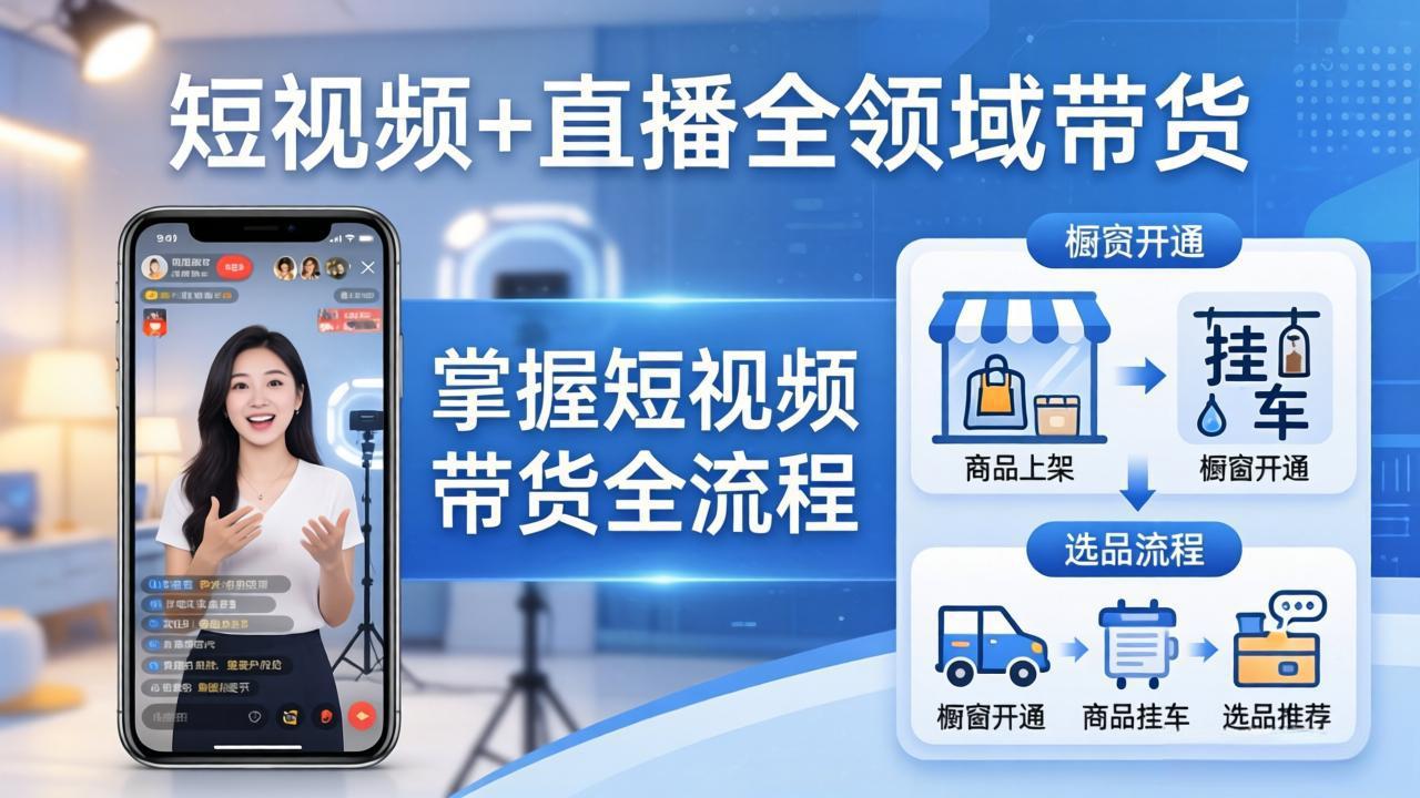 短视频+直播全领域带货-更新:掌握橱窗开通、挂车、选品、爆款文案改编等短视频带货全流程-梦清研习社