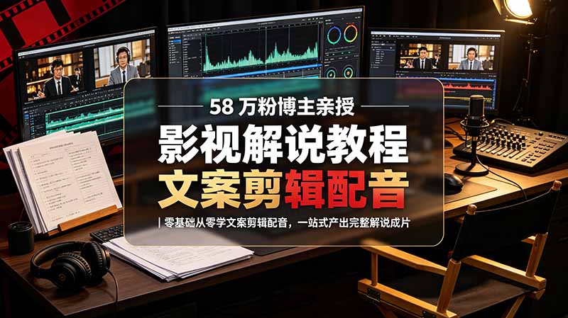 58 万粉博主荧幕春秋亲授影视解说教程｜零基础从零学文案剪辑配音，一站式产出完整解说成片-梦清研习社