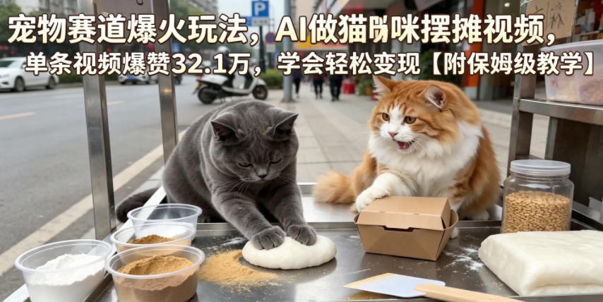 宠物赛道爆火玩法，AI做猫咪摆摊视频，单条视频爆赞32.1万，学会轻松变现【附保姆级教学】-梦清研习社