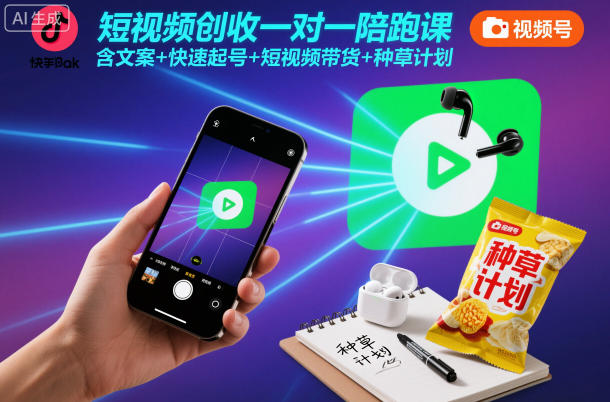 短视频创收一对一陪跑课，含文案+快速起号+短视频带货+种草计划-梦清研习社