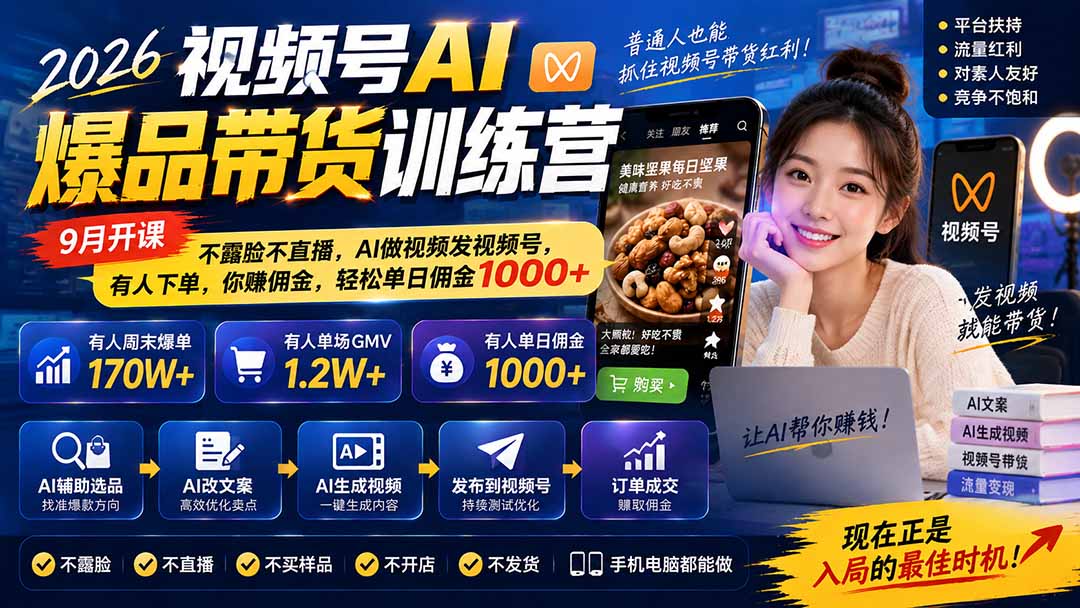 图片[1]-2026视频号AI爆品带货训练营-9月开课｜不露脸不直播，AI做视频发视频号，有人下单，你赚佣金，轻松单日佣金1000+-梦清研习社