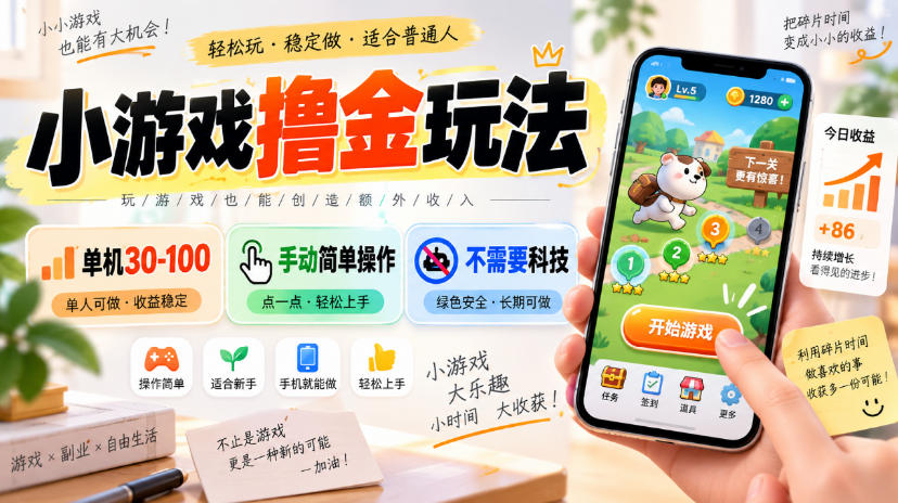 小游戏撸金玩法，单机30-100，手动简单操作，不需要科技-梦清研习社