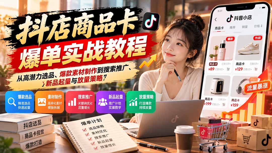 抖店商品卡爆单实战教程：从高潜力选品、爆款素材制作到搜索推广、新品起量与放量策略-梦清研习社