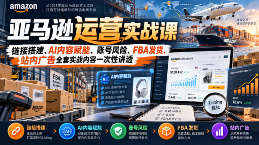 亚马逊运营实战课，链接搭建、AI内容赋能、账号风险、FBA发货、站内广告全套实战内容一次性讲透-梦清研习社