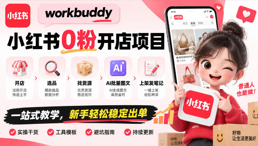 workbuddy小红书0粉开店项目，开店、选品、找货源、AI批量图文、上架发笔记一站式教学，新手轻松稳定出单-梦清研习社