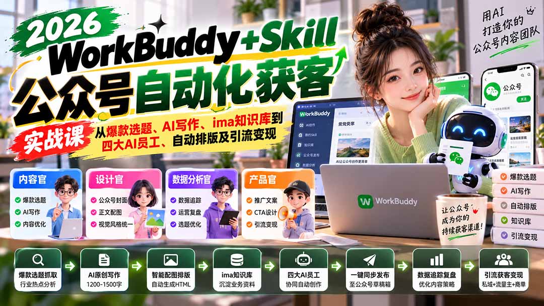 WorkBuddy + Skill公众号自动化获客实战课：从爆款选题、AI写作、ima知识库到四大AI员工、自动排版及引流变现-梦清研习社