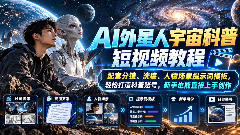 AI外星人宇宙科普短视频教程，配套分镜、洗稿、人物场景提示词模板，轻松打造科普账号，新手也能直接上手创作-梦清研习社