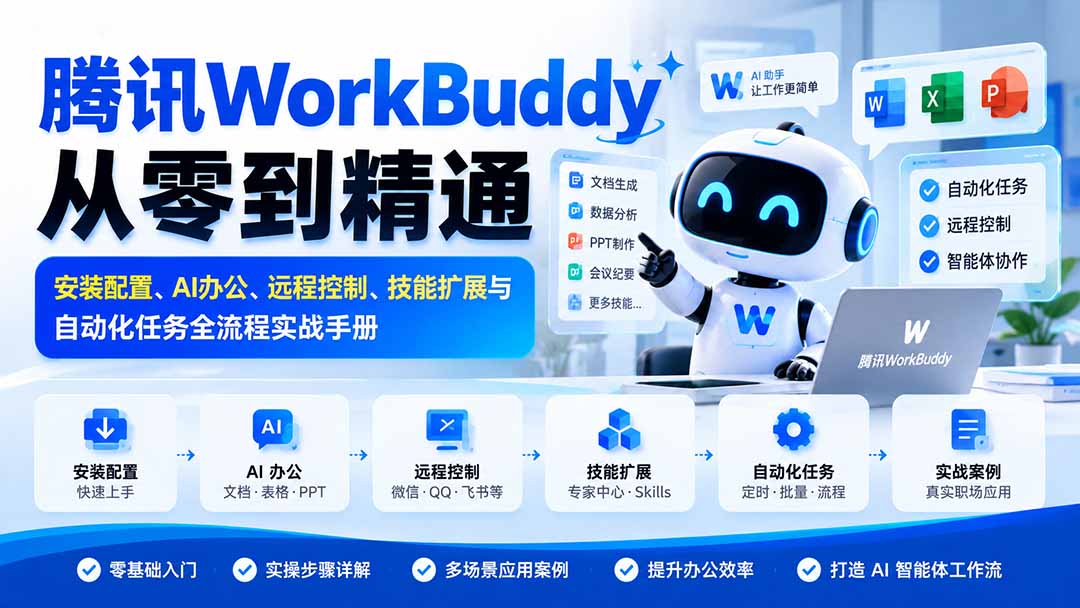 腾讯WorkBuddy从零到精通：安装配置、AI办公、远程控制、技能扩展与自动化任务全流程实战手册-梦清研习社