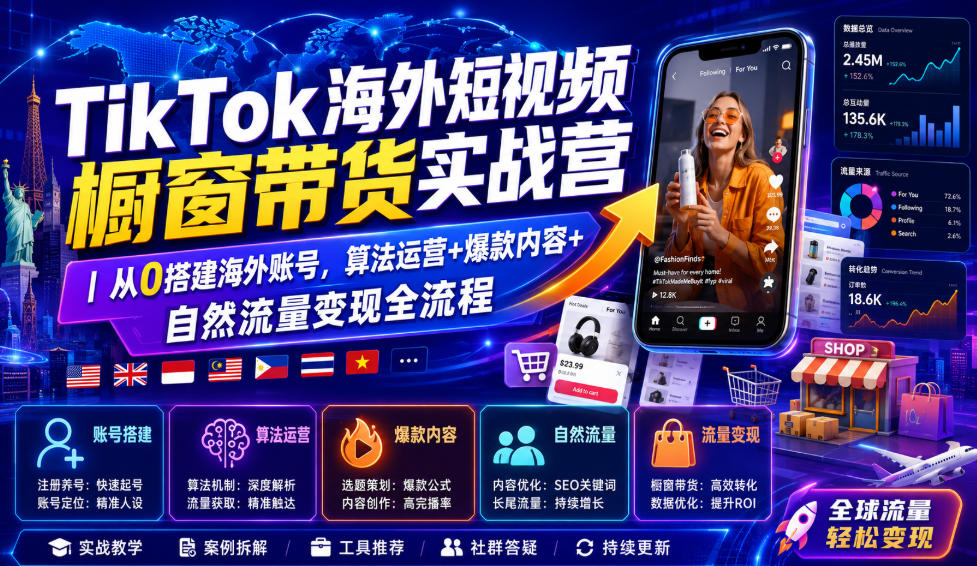 TikTok海外短视频橱窗带货实战营｜从0搭建海外账号，算法运营+爆款内容+自然流量变现全流程-梦清研习社