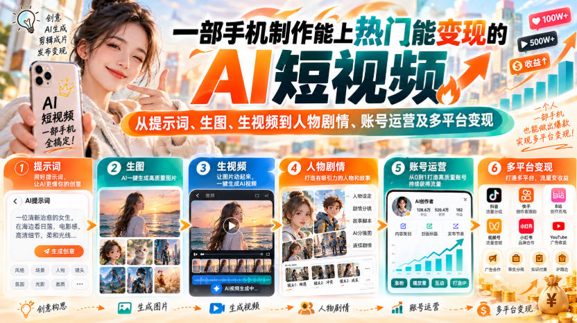 【无水印】一部手机制作能上热门能变现的AI短视频，从提示词、生图、生视频到人物剧情、账号运营及多平台变现-梦清研习社