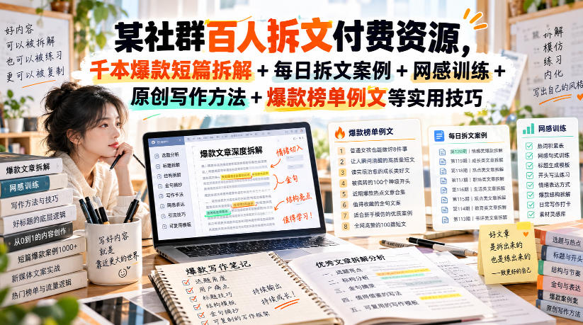 (无水印)某社群百人拆文付费资源，千本爆款短篇拆解+每日拆文案例+网感训练+原创写作方法+爆款榜单例文等实用技巧(更新1009)-梦清研习社