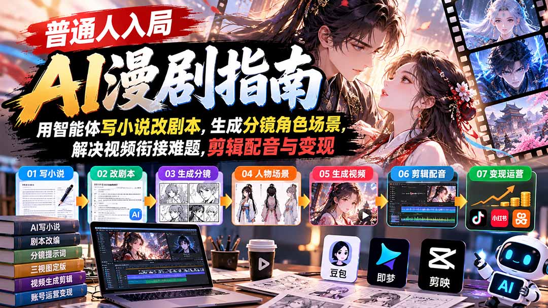 【无水印】普通人入局AI漫剧指南：用智能体写小说改剧本，生成分镜角色场景，解决视频衔接难题，剪辑配音与变现-梦清研习社