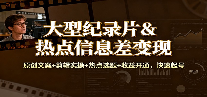 大型纪录片&热点信息差变现：原创文案+剪辑实操+热点选题+收益开通，快速起号-梦清研习社