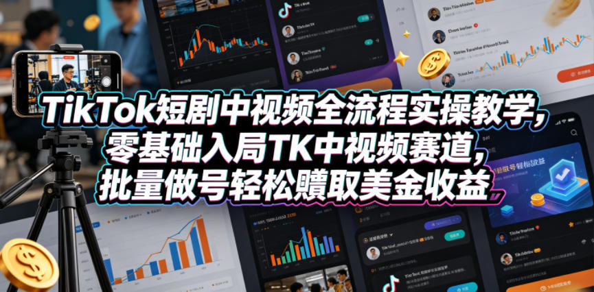 TikTok短剧中视频全流程实操教学，零基础入局TK中视频赛道，批量做号轻松賺取美金收益-梦清研习社
