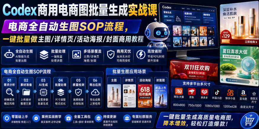 Codex商用电商图批量生成实战课｜电商全自动生图SOP流程，一键批量做主图/详情页/活动海报/封面商用教程-梦清研习社