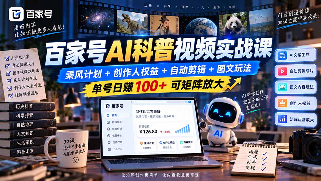 百家号AI科普视频实战课：乘风计划+创作人权益+自动剪辑+图文玩法，单号日赚100+可矩阵放大-梦清研习社