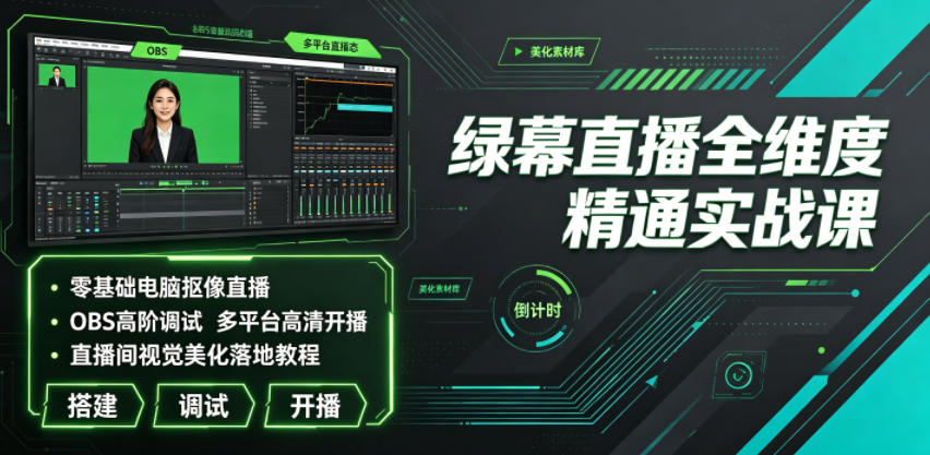 绿幕直播全维度精通实战课|零基础电脑抠像直播、OBS高阶调试、多平台高清开播、直播间视觉美化落地教程-梦清研习社