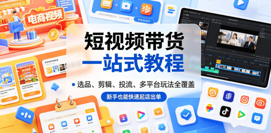 短视频带货一站式教程，选品、剪辑、投流、多平台玩法全覆盖，新手也能快速起店出单-梦清研习社