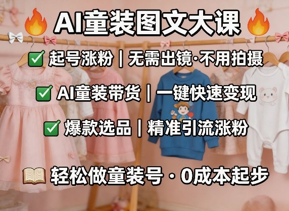 AI童装图文剪辑，某社群童装图文大课，起号涨粉、AI童装带货、爆款选品，无需出镜和拍摄-梦清研习社