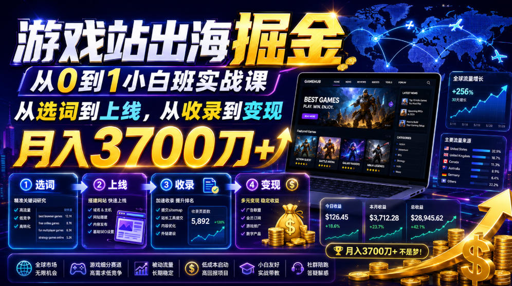 游戏站出海掘金从0到1小白实战课，从选词到上线，从收录到变现，月入3700刀+-梦清研习社