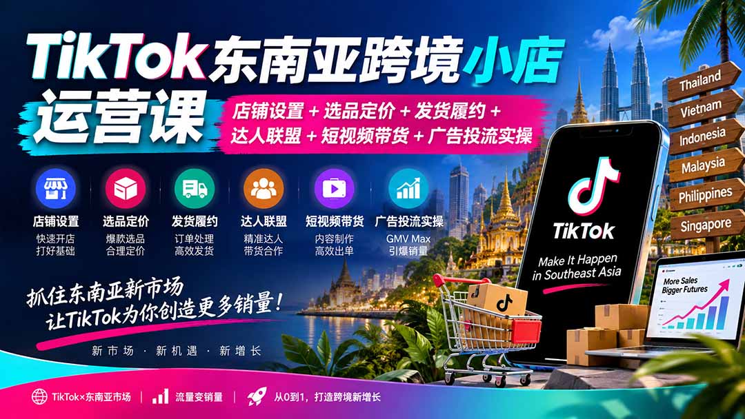 TikTok东南亚跨境小店运营课：店铺设置+选品定价+发货履约+达人联盟+短视频带货+广告投流实操-梦清研习社
