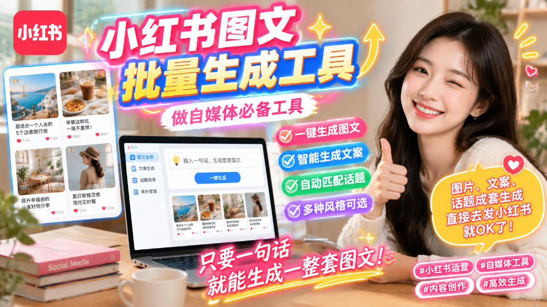 小红书图文批量生成工具，话题、文案、配图一键生成，直接发布，做自媒体必备工具-梦清研习社