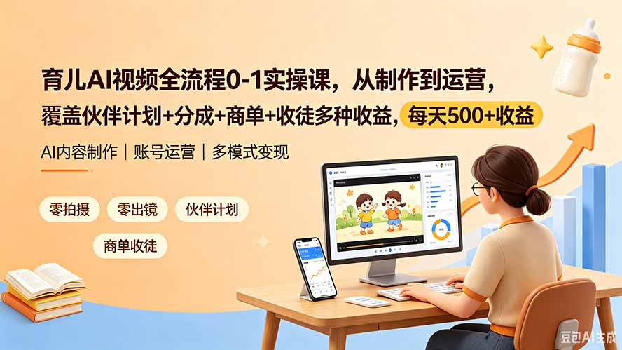 育儿AI视频全流程0-1实操课，从制作到运营，覆盖伙伴计划+分成+商单+收徒多种收益，每天500+收益-梦清研习社