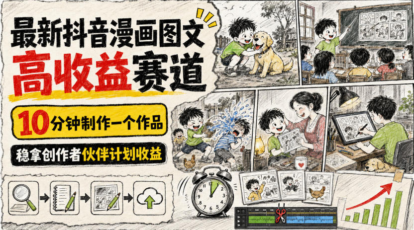 最新抖音漫画图文高收益赛道，10分钟制作一个作品，稳拿创作者伙伴计划收益-梦清研习社
