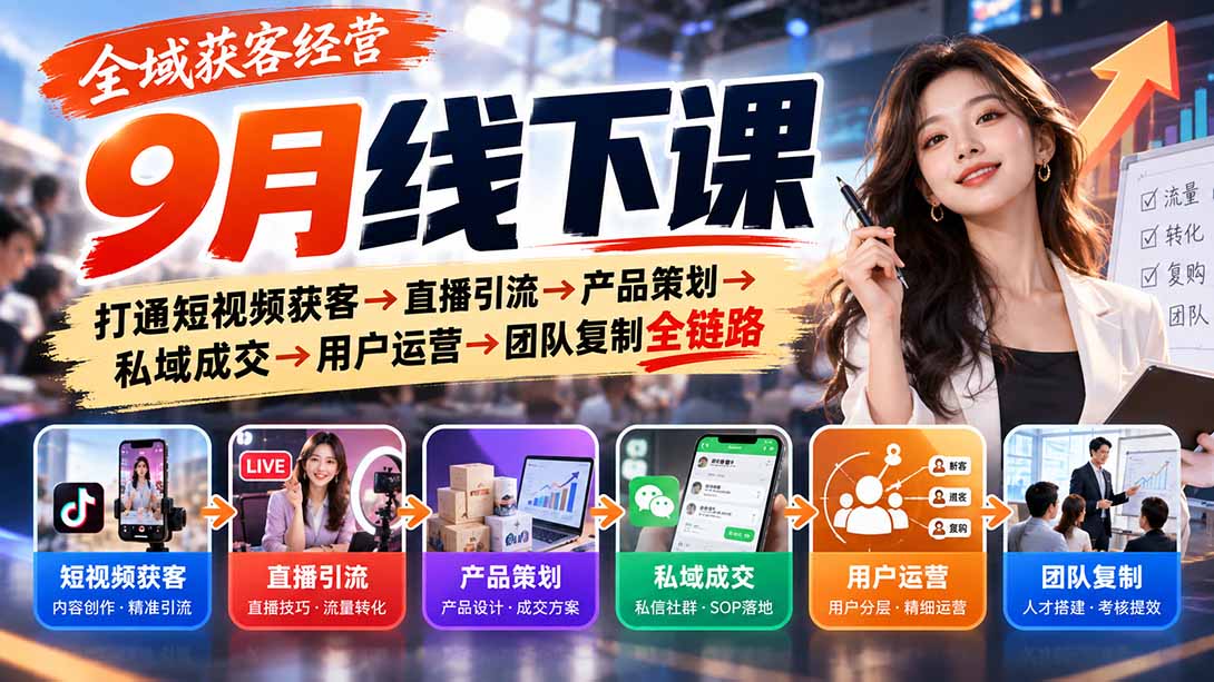全域获客经营9月线下课：打通短视频获客→直播引流→产品策划→私域成交→用户运营→团队复制全链路-梦清研习社