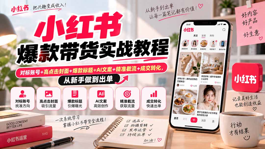 小红书爆款带货实战教程｜对标账号+高点击封面+爆款标题+AI文案+精准截流+成交转化，从新手做到出单-梦清研习社