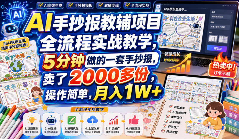 AI手抄报教辅项目全流程实战教学，5分钟做的一套手抄报，卖了2000多份，操作简单，月入1W+-梦清研习社