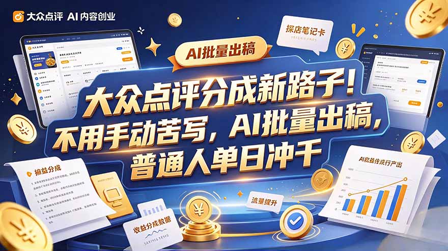 大众点评副业新玩法,工具提效解放双手,批量做笔记,单日可破千-梦清研习社