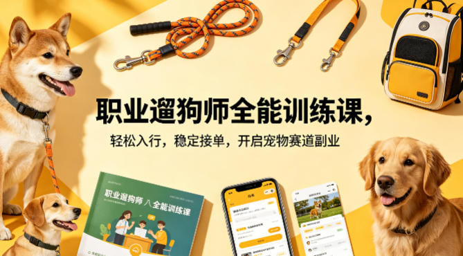 职业遛狗师全能训练课，轻松入行，稳定接单，开启宠物赛道副业-梦清研习社