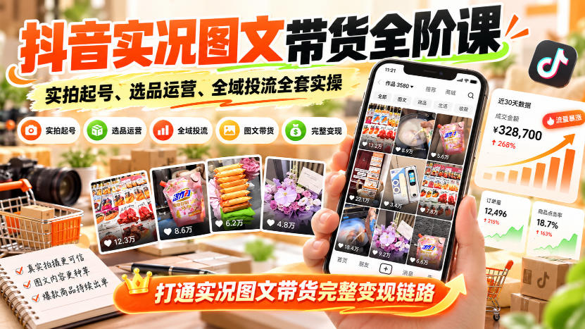抖音实况图文带货全阶课｜实拍起号、选品运营、全域投流全套实操，打通实况图文带货完整变现链路-梦清研习社
