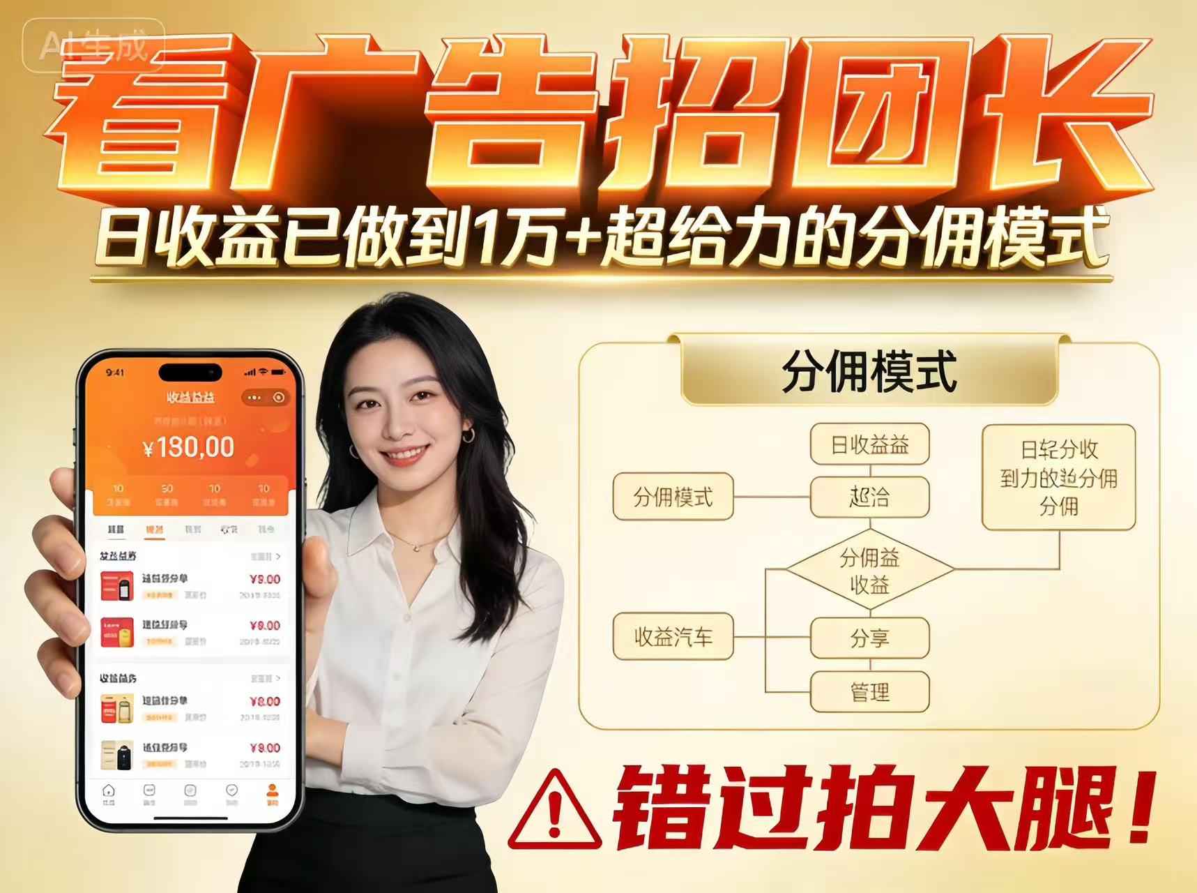 看广告招团长，团队收益已做到日入1万，分佣模式超给力，错过拍大腿-梦清研习社