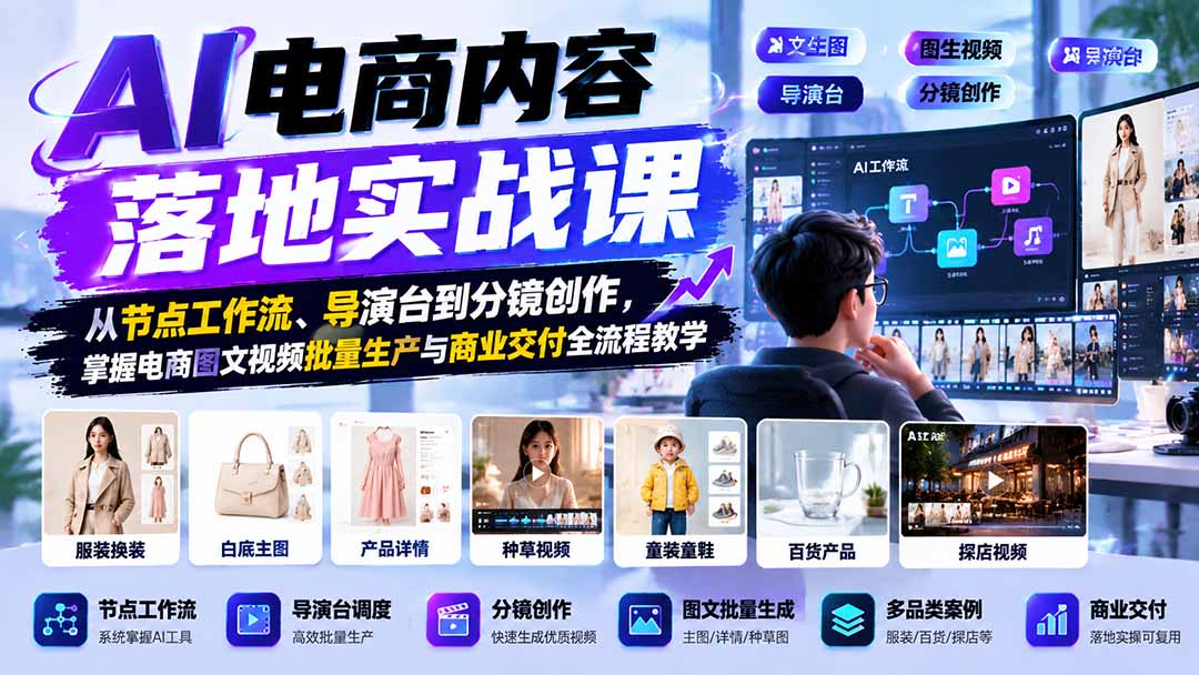 AI电商内容落地实战课：从节点工作流、导演台到分镜创作，掌握电商图文视频批量生产与商业交付全流程教学-梦清研习社