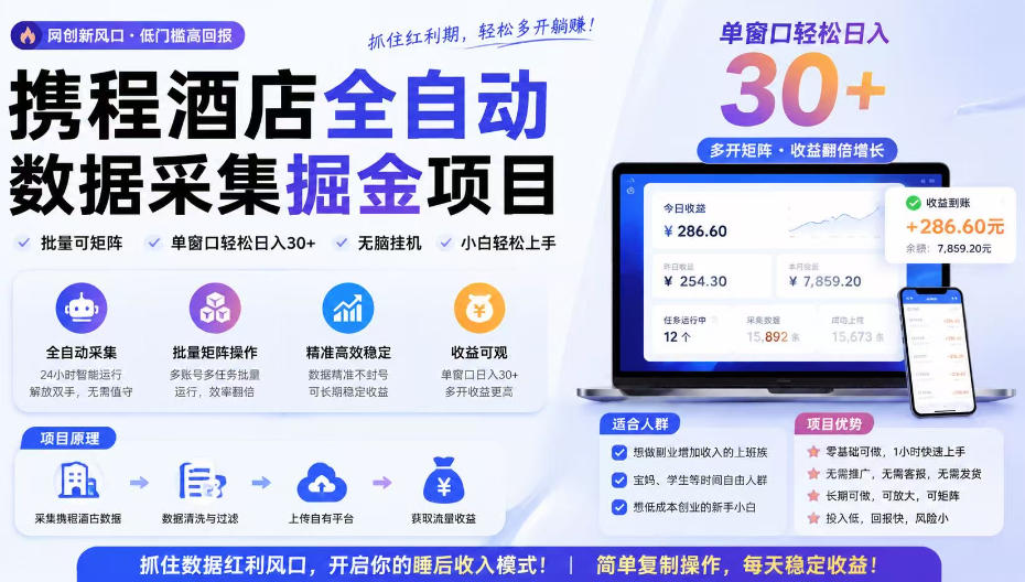 携程酒店采集挂G项目，批量可矩阵，单机轻松日入300+，开启你的睡后收入模式!【揭秘】-梦清研习社