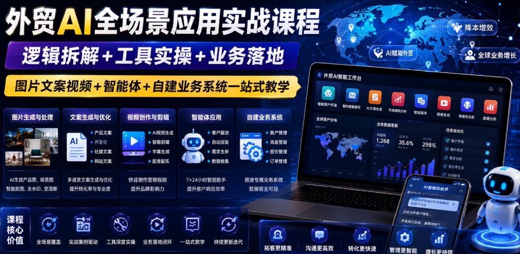 外贸AI全场景应用实战课程｜逻辑拆解+工具实操+业务落地，图片文案视频+智能体+自建业务系统一站式教学-梦清研习社