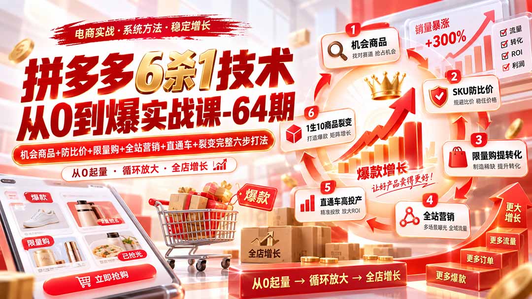 拼多多6杀1技术从0到爆实战课-64期：机会商品+防比价+限量购+全站营销+直通车+裂变完整六步打法-梦清研习社