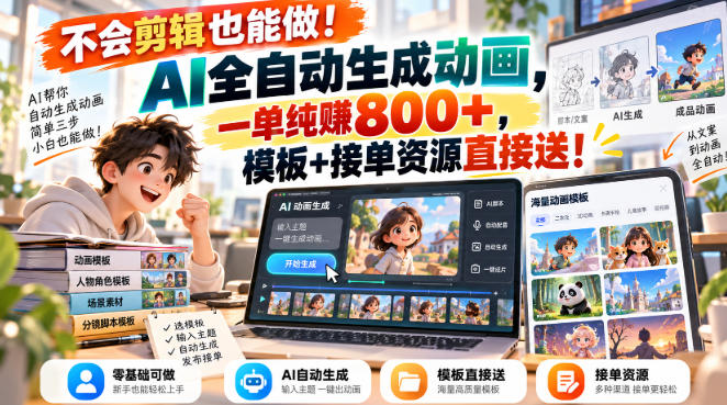 不会剪辑也能做！AI全自动生成动画，一单纯賺800+，模板+接单资源直接送！【揭秘】-梦清研习社