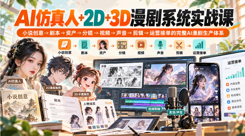 【无水印】AI仿真人+2D+3D漫剧系统实战课，小说创意→剧本→资产→分镜→视频→声音→剪辑→运营接单的完整AI漫剧生产体系-梦清研习社