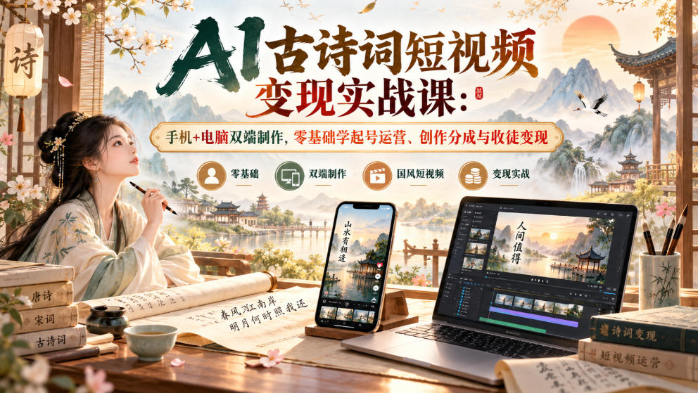 AI古诗词短视频变现实战课：手机+电脑双端制作，零基础学起号运营、创作分成与收徒变现-梦清研习社