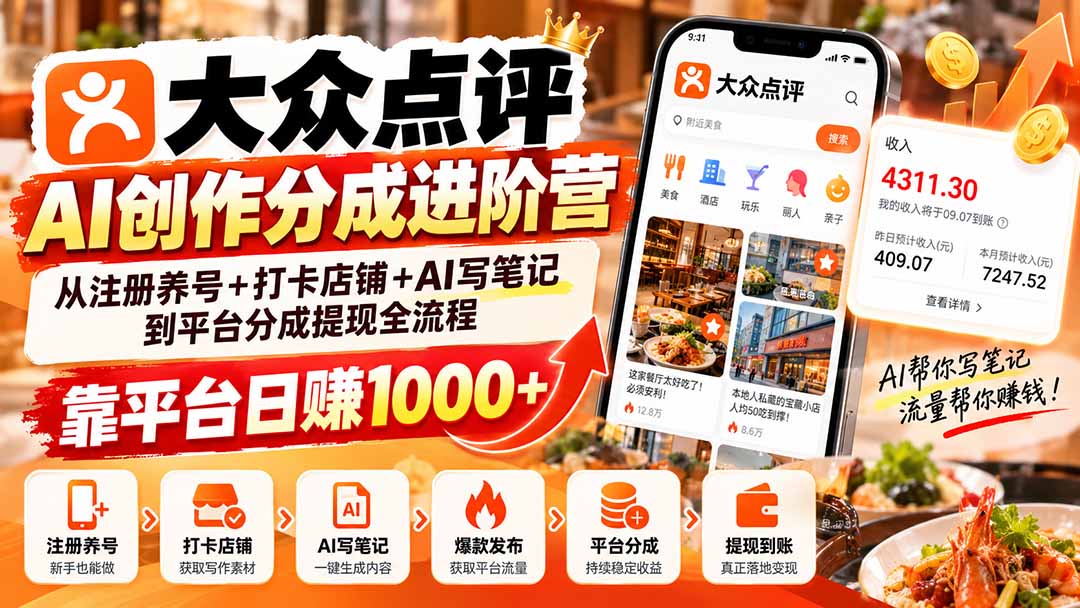 大众点评AI创作分成进阶营：从注册养号+打卡店铺+AI写笔记到平台分成提现全流程，靠平台日赚1000+-梦清研习社