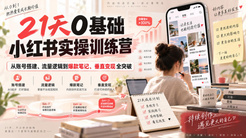 21天0基础小红书实操训练营｜从账号搭建、流量逻辑到爆款笔记、垂直变现全突破-梦清研习社