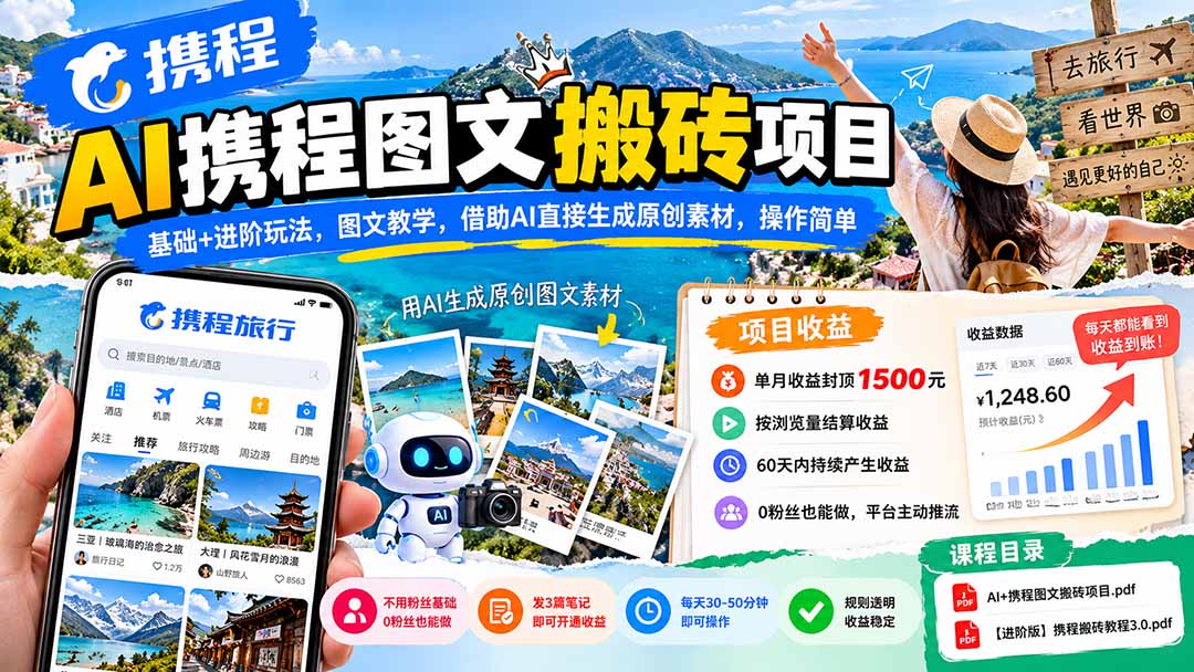 AI携程图文搬砖项目，基础+进阶玩法，图文教学，借助AI直接生成原创素材，操作简单-梦清研习社