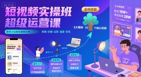 短视频实操班超级运营课，新手小白到短视频大神必修课程，剪辑-拍摄-运营-直播-变现-梦清研习社